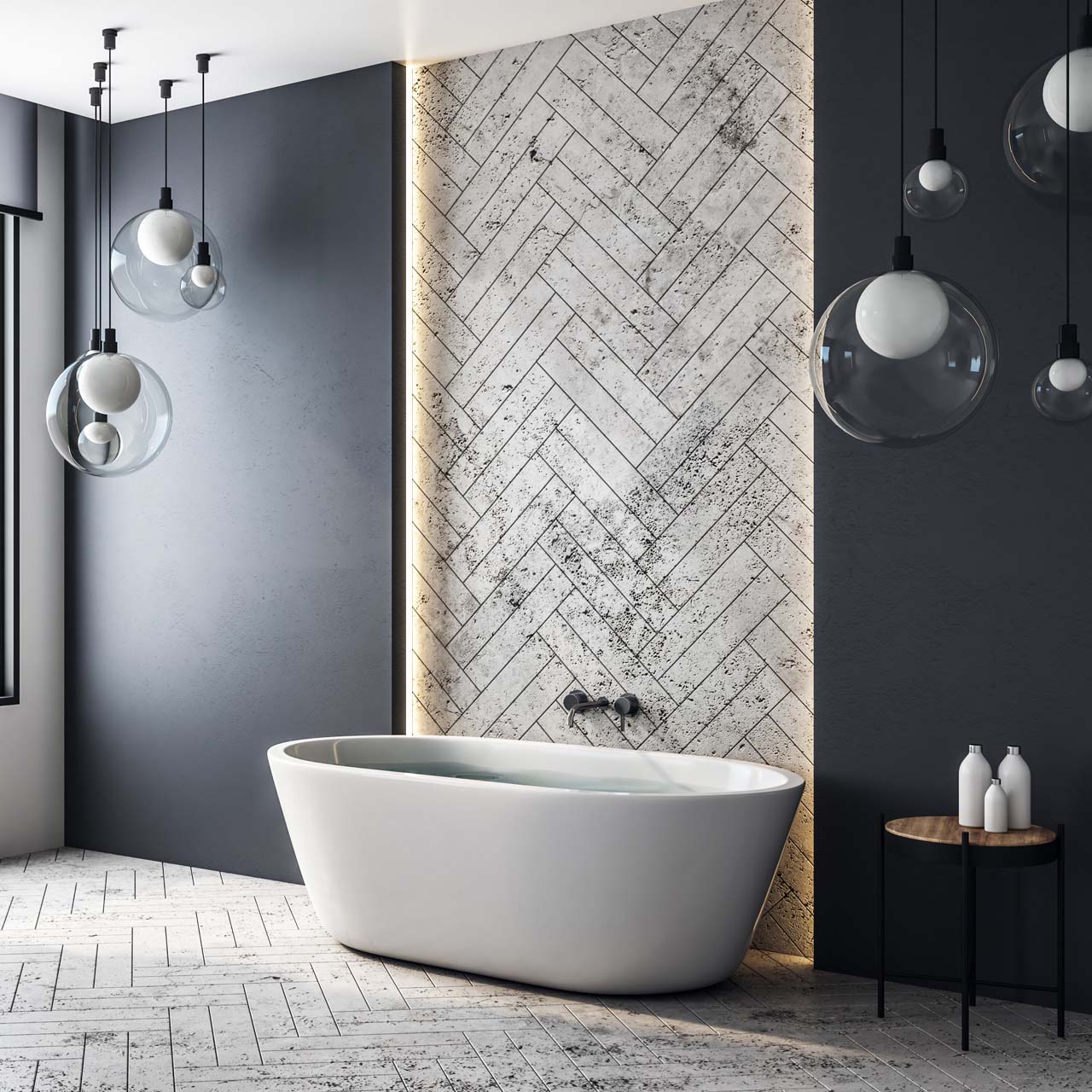 Black walled Bathroom with pendant lights