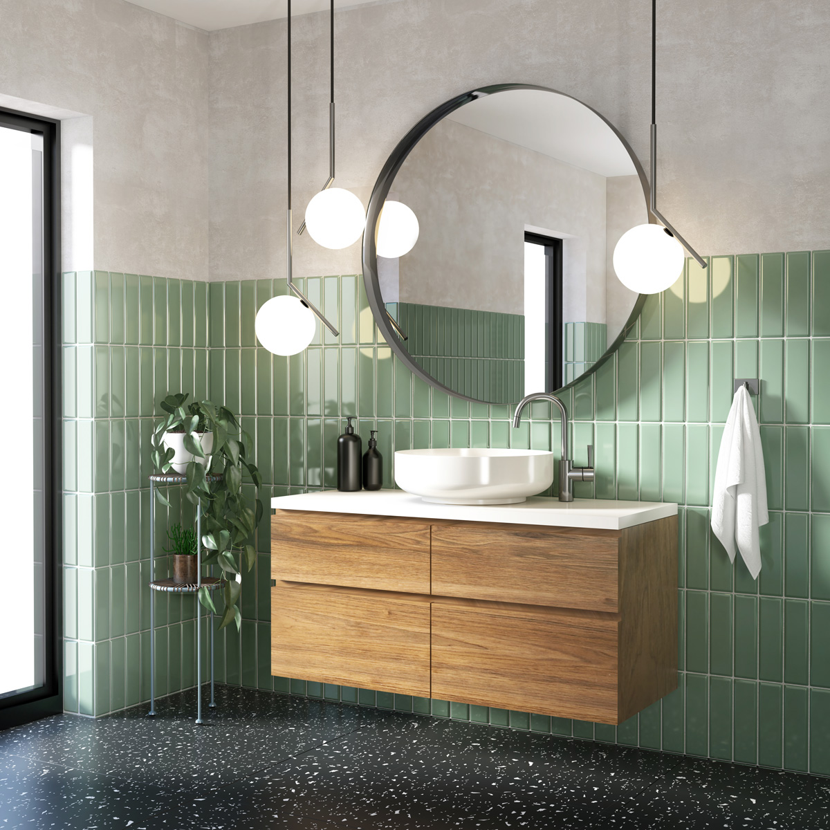 Green Tiled bathroom with cool mirror