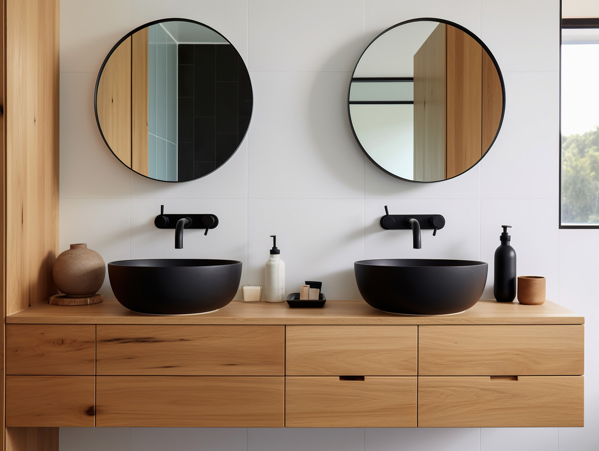 Wood vanity with black vessel sinks