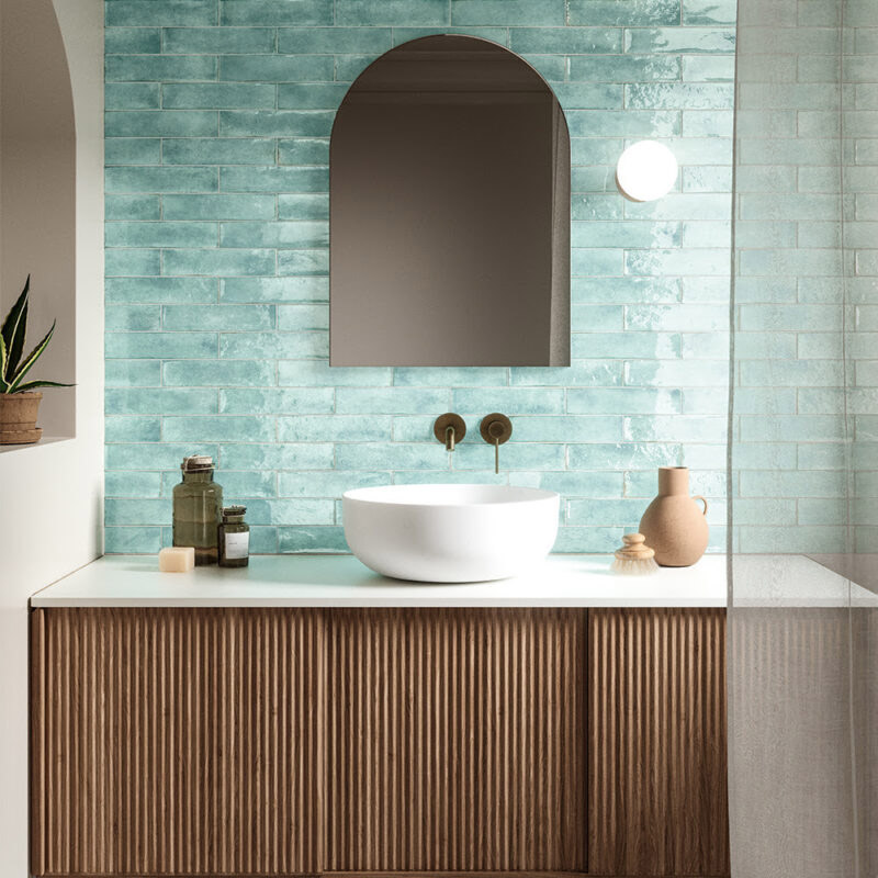 green seafoam Tiles give over vanity