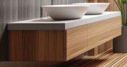 Wood vanity with white vessel sinks