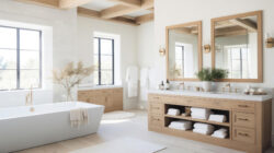 Light wood vanity and soaking tub