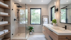 glass shower with wood vanity and black hardware